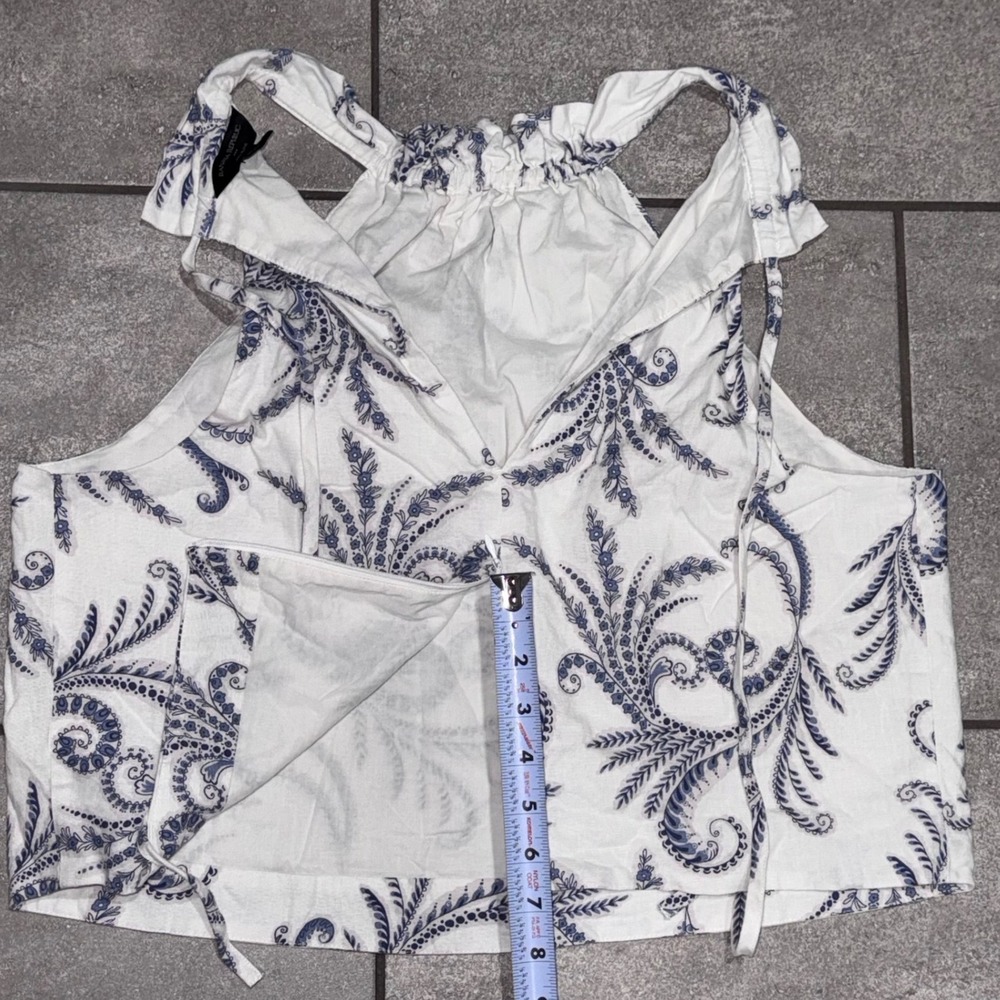 Banana Republic Halter Top Womens 16 White Blue Excellent Linen Blend Paisley - Picture 7 of 8